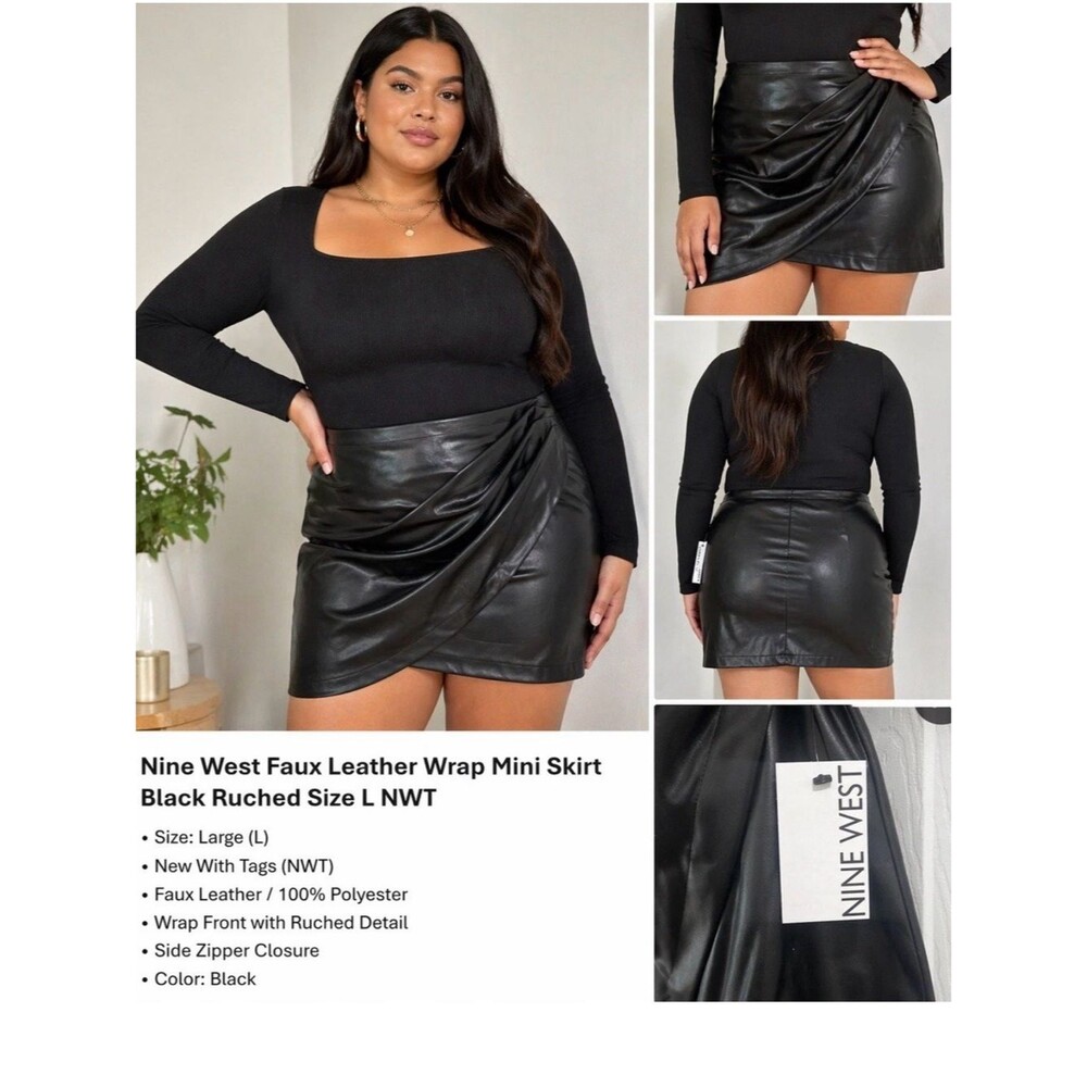 Nine West Faux Leather Wrap Mini Skirt Black Ruched Size L NWT
